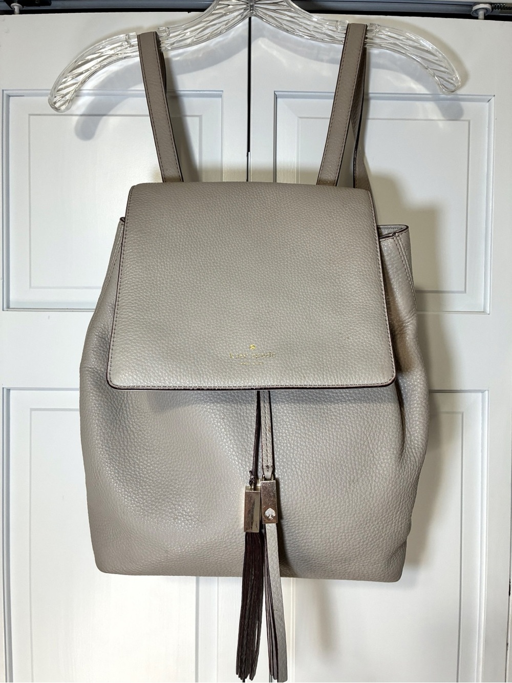 kate spade Taupe Pebbled Leather Backpack with Tassel
